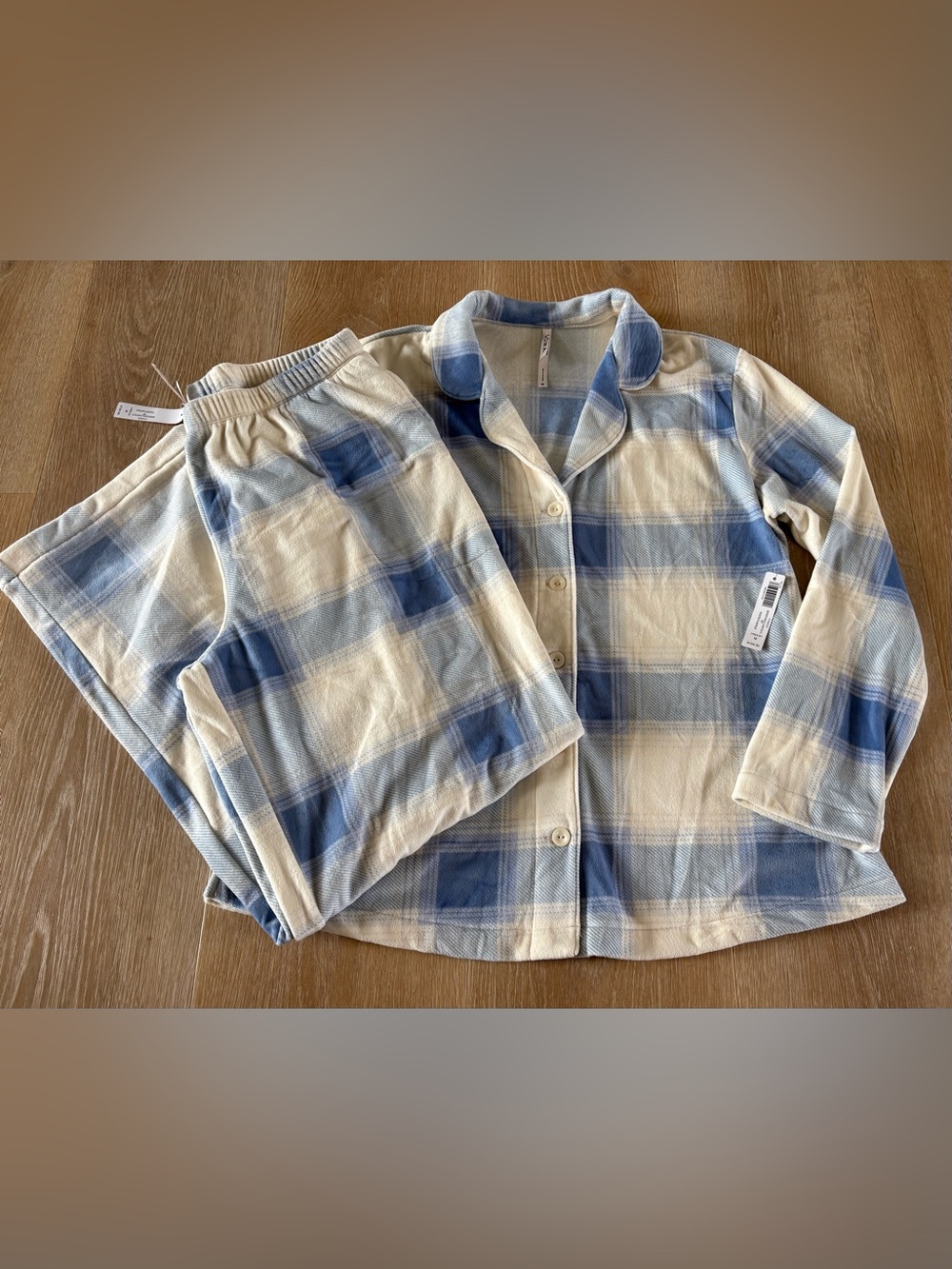 SOMA MEDIUM MICROFLEECE LS NOTCH COLLAR  FROSTED PLAID BLUE PAJAMA SET NEW NWT